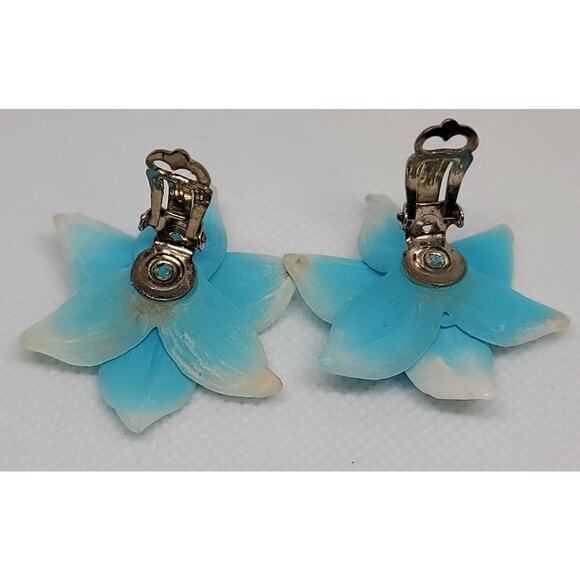 Vintage Clip On Earrings Turquoise Yellow Tropical Flower Marked West Germany - Picture 8 of 9